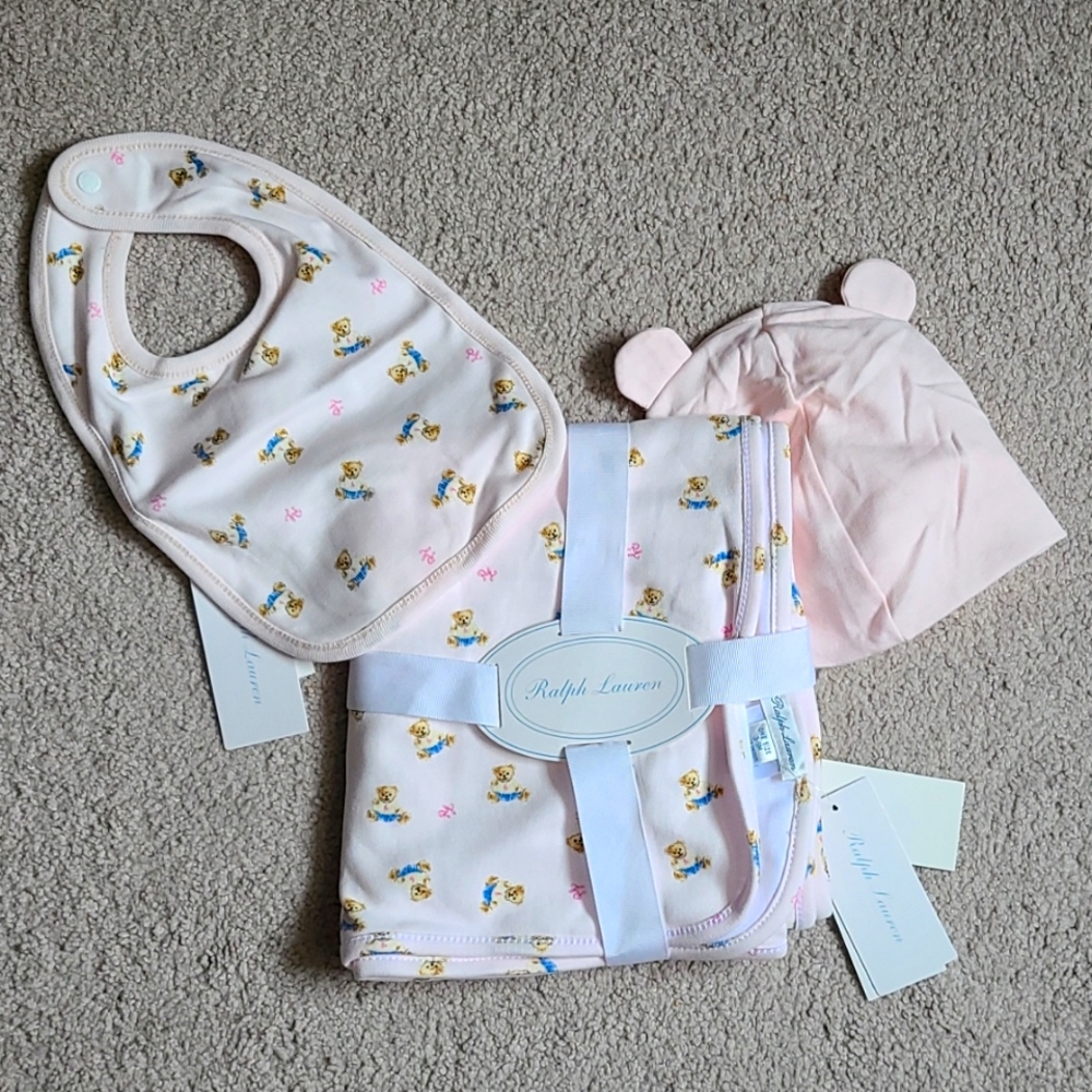 Ralph Lauren Baby Girls Bear Cotton Blanket, Bib and Hat